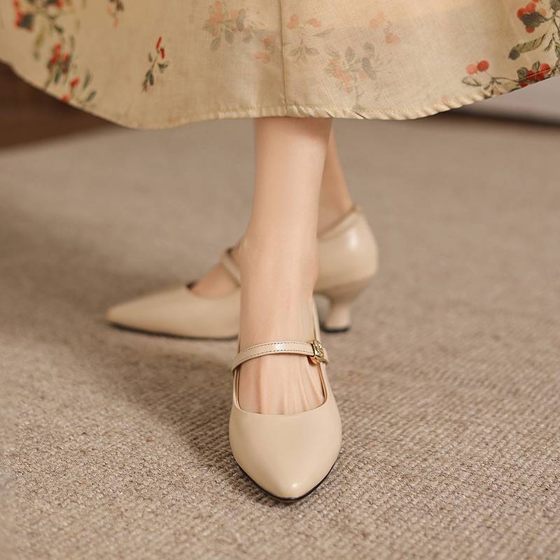 Krazing Pot Genuine Leather Round Toe Thin Heels Summer Shoes Solid Big Size 42 Shallow Decoration buckle Women Shallow Pumps