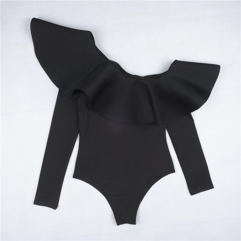 Jedno rameno Lotus Leaf Edge Flying Sleee Černý Dlouhý rukáv Ležérní zeštíhlující overal pro ženy