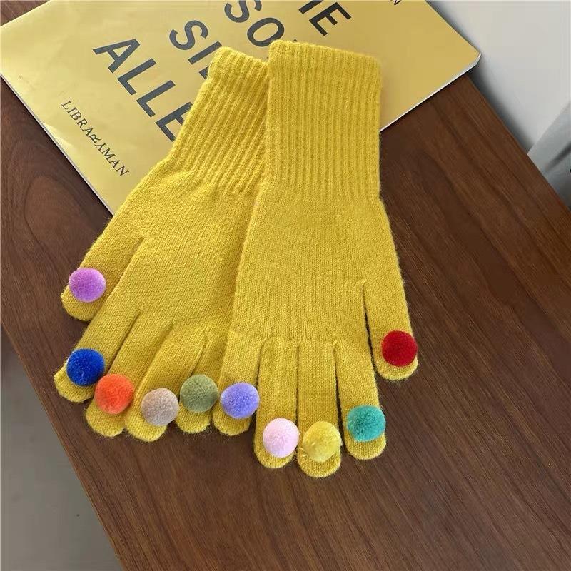 Cartoon Thermal Gloves Women Winter Thickened Cute Couple Student Cold Knitted Wool Riding Five Fingers