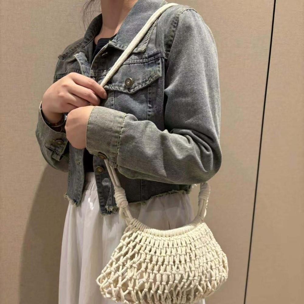 Net Pouch Yarn Woven Crossbody Bag Large Capacity Hollow Fishnet Bag Crochet Shoulder Pouch Female