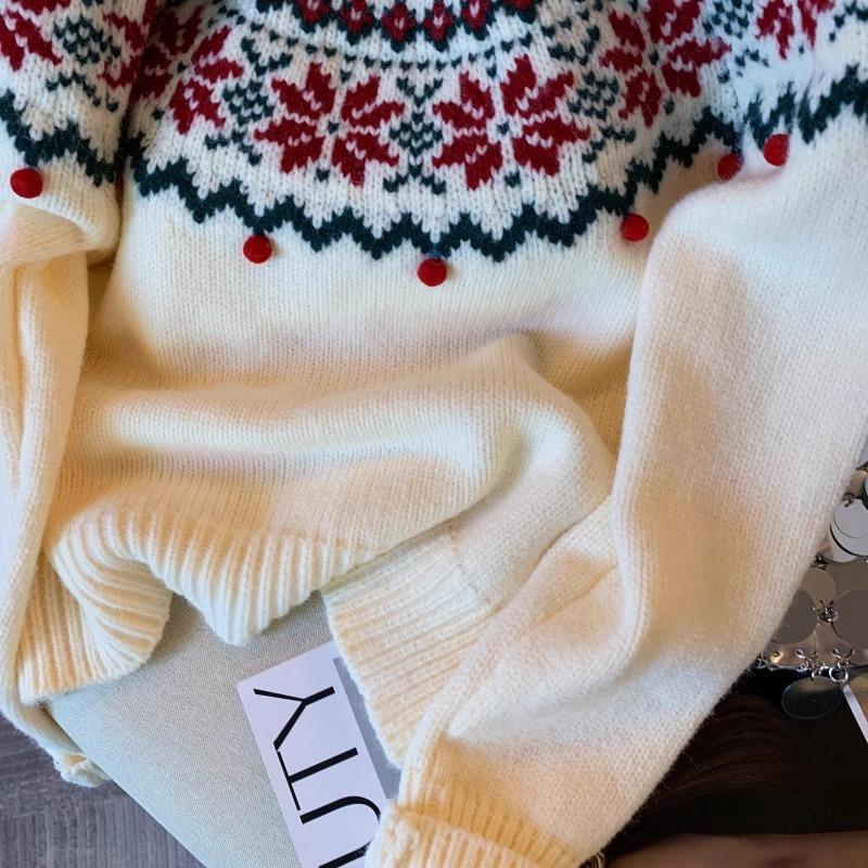 Christmas Atmosphere Red Jacquard Sweater Women's Spring New Retro Lazy Wind Knitted Sweater Top