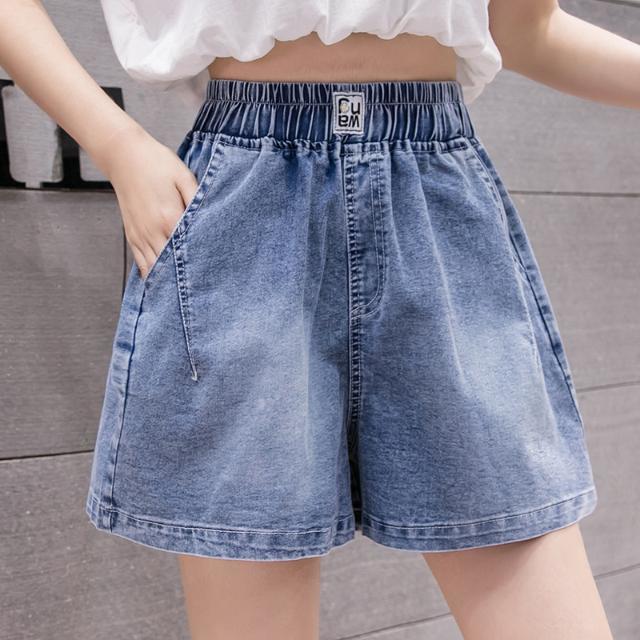 2026 Summer Women's Plus Size Elastic High-Waist Loose Wide-Leg Denim Shorts with Lace-Up