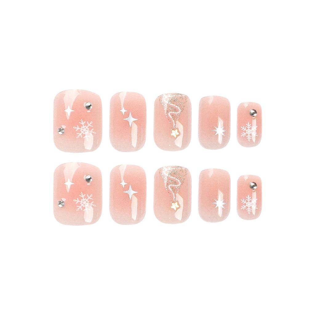 Christmas Snowflake & Star Nail Art: Short Wearable Rhinestone Glitter False Nails with Stickers