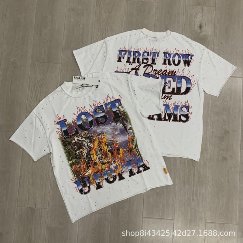 Unisex Oversized Box Fit Cotton Tee With Embroidered Rhinestone Washed Print Round Neck Short Sleeve Casual Top