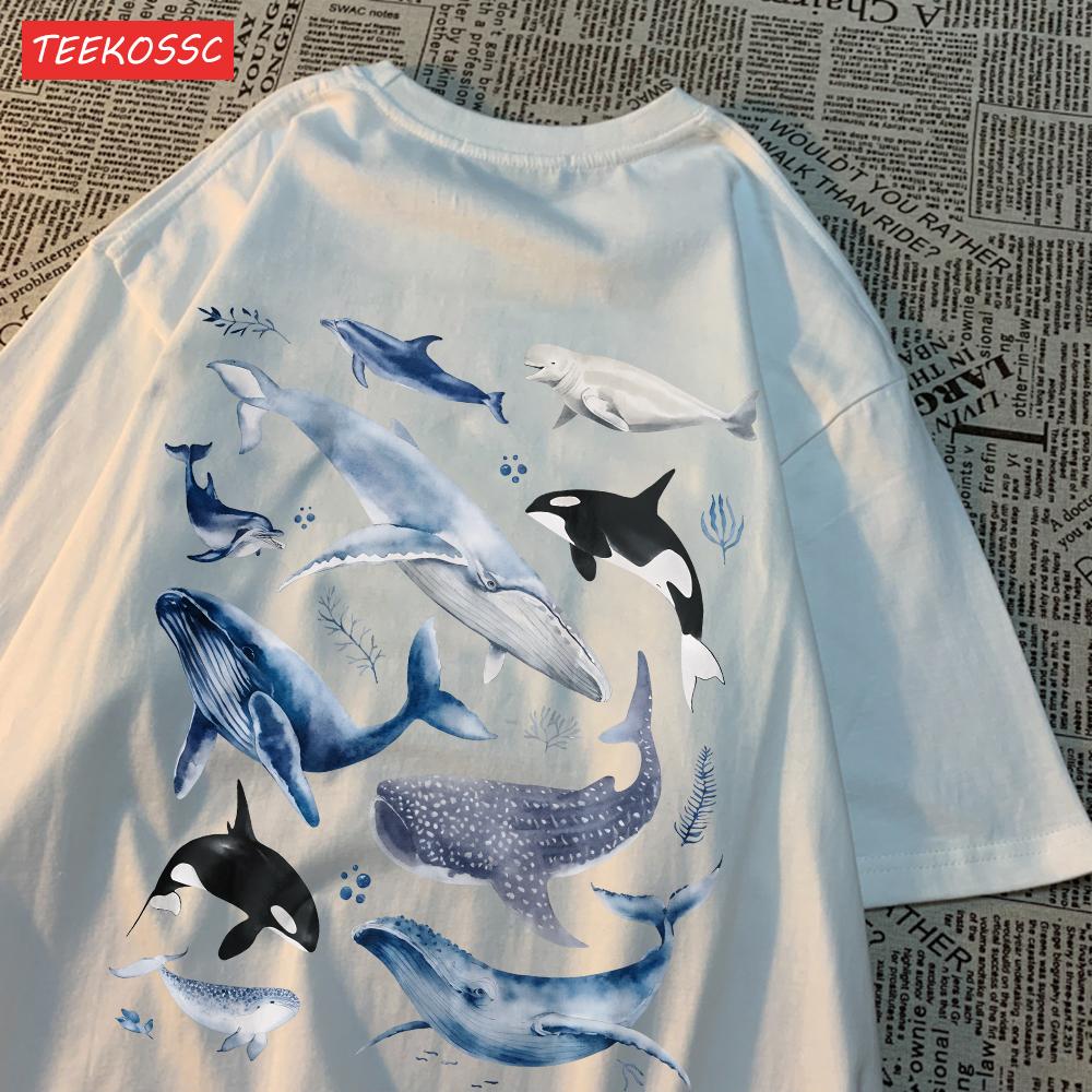Fashion Cotton WomenS TShirts Ocean And Whales Printing Tops Oversize ONeck Soft Short Sleeve Summer Casual Female Clothes
