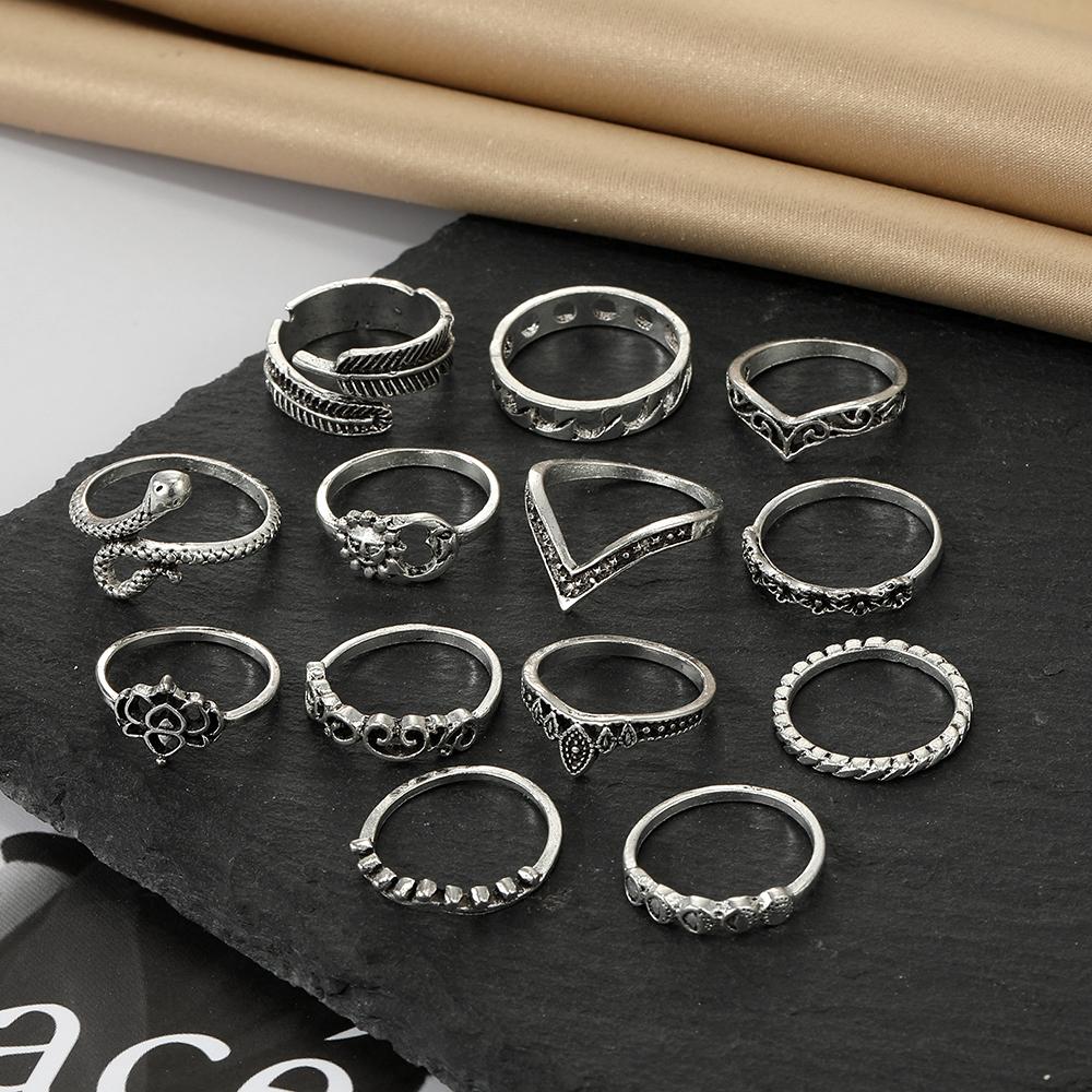 14PC Bague Creusée à la Main Sculpture Plume Bijoux Ouverture Ajustable Ensemble de Bagues