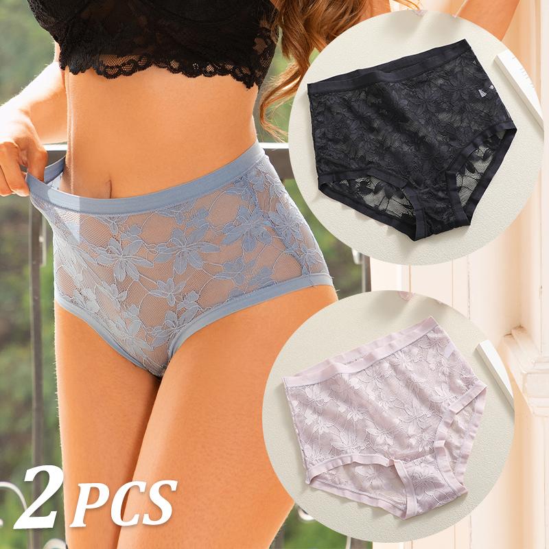 FINETOO 2Pcs Sexy Floral Lace Panties High Waist Lace Briefs Hollow Out See-Through Romantic Lingerie Fashionable Underpants Underwear
