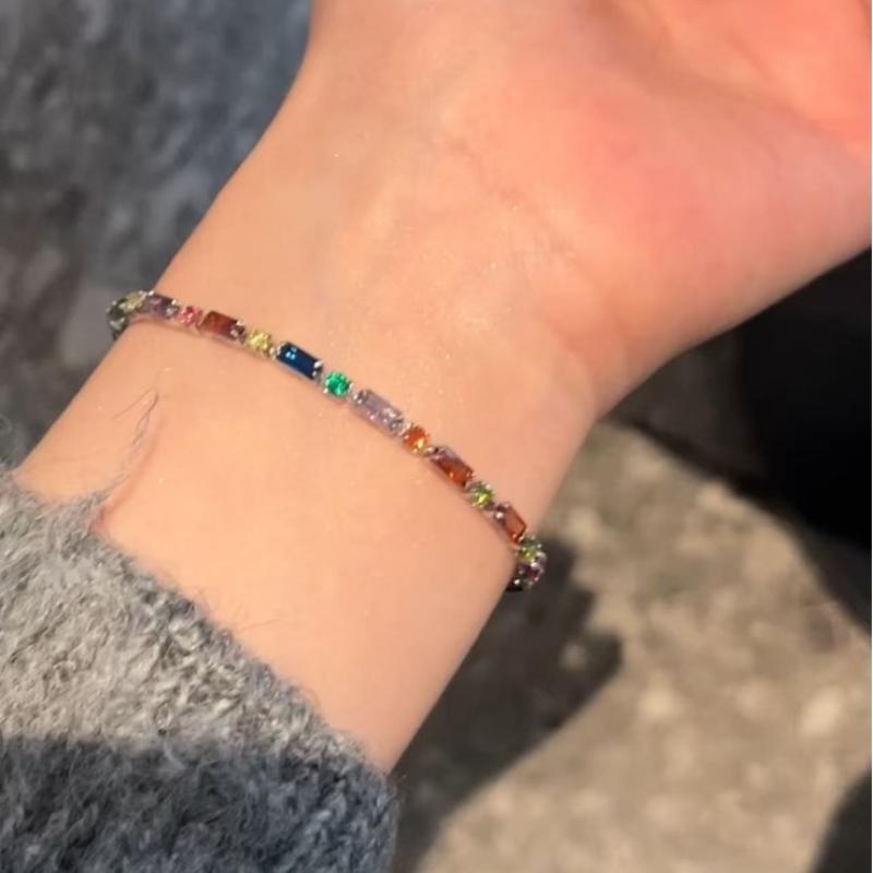 Shiny Colorful Crystal Bracelet for Women Sparkling Zircon Accent Chain Anti-allergy Jewelry for Night Out Party Birthday Gift