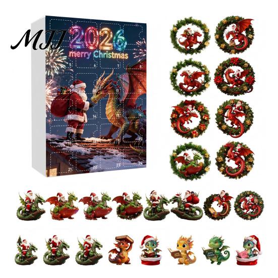 Christmas Advent Calendar 2026 Dragon Calendar, 24Pcs Acrylic 2D Ornament Set with Daily Surprise Gift Box Designs, Tree Hanging Decor, Holiday