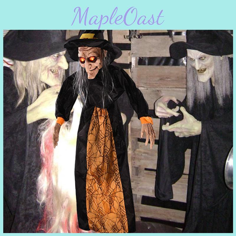 Creepy Life Size Witch Halloween Prop With Wrinkled Face And Silver Grey Hair