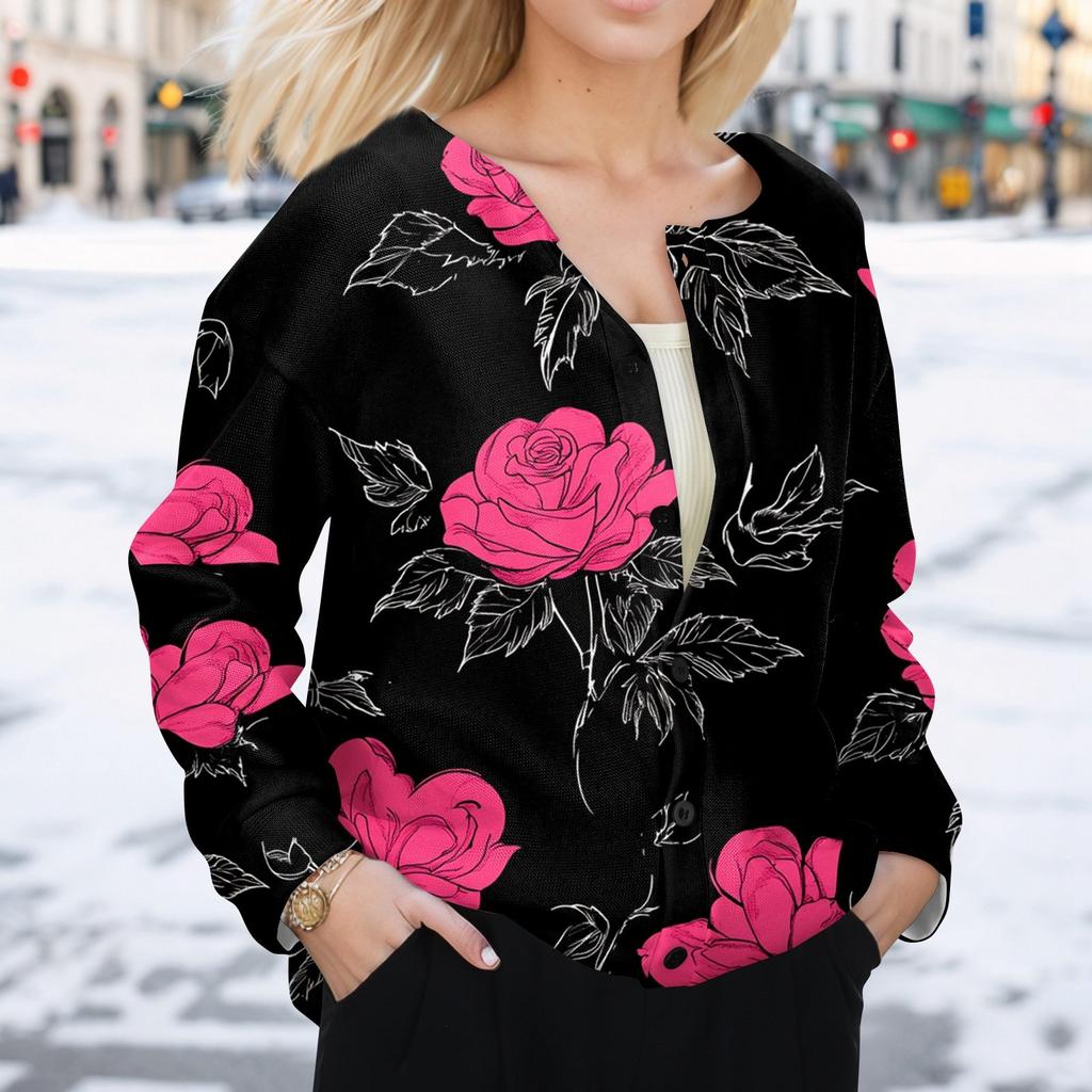 Women's Fashion Valentine's Day Printed Long Sleeve Cardigan Button Jacket