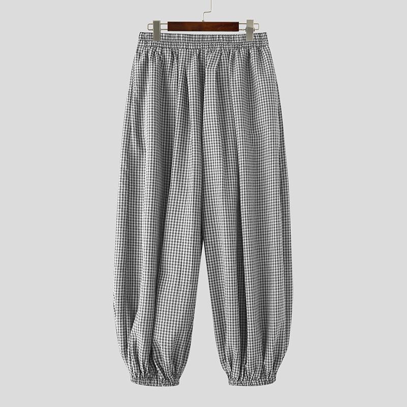 INCERUN Men Elastic Waist Plaid Print Baggy Drop-crotch Pants Casual Long Trousers S чёрный