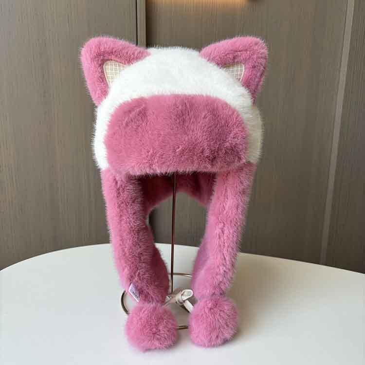 New cat ears plush Lei Feng hat women's cycling windproof warm ear protection hat plush thickened hanging ball small hat