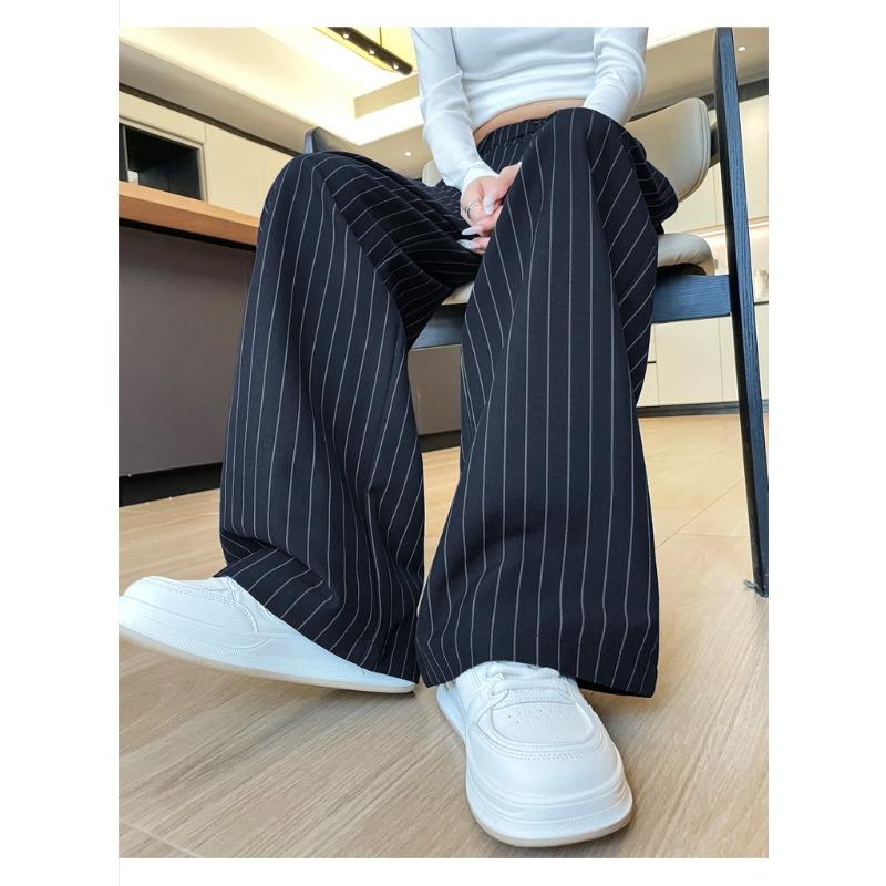 Herbst Vintage Gestreifte Lockere Damen Weite Hosen Knöpfe Frühling Hohe Taille Gerade Büro Voll Langes Hosen