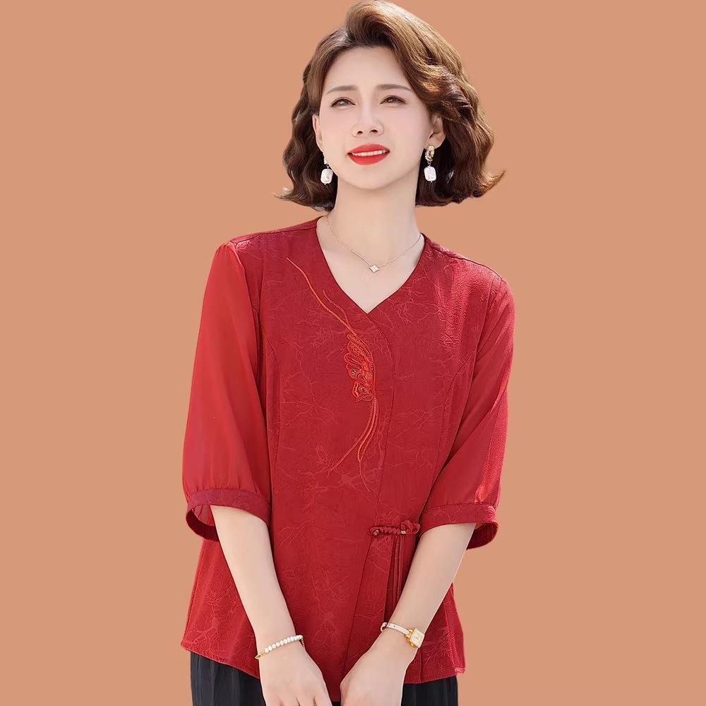 Elegant Chiffon Seven-Sleeve Top for Mom - Dignified & Stylish Summer Wear for Middle-Aged & Elderly Women