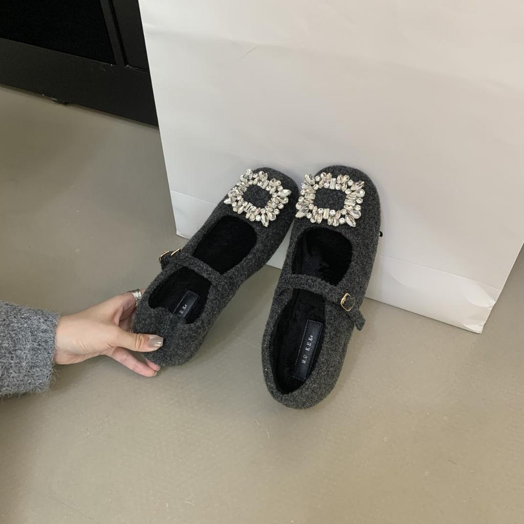 2025 autumn and winter new temperament Mary Jane shoes women's velvet French square head rhinestone fluff shoes inner height increase single