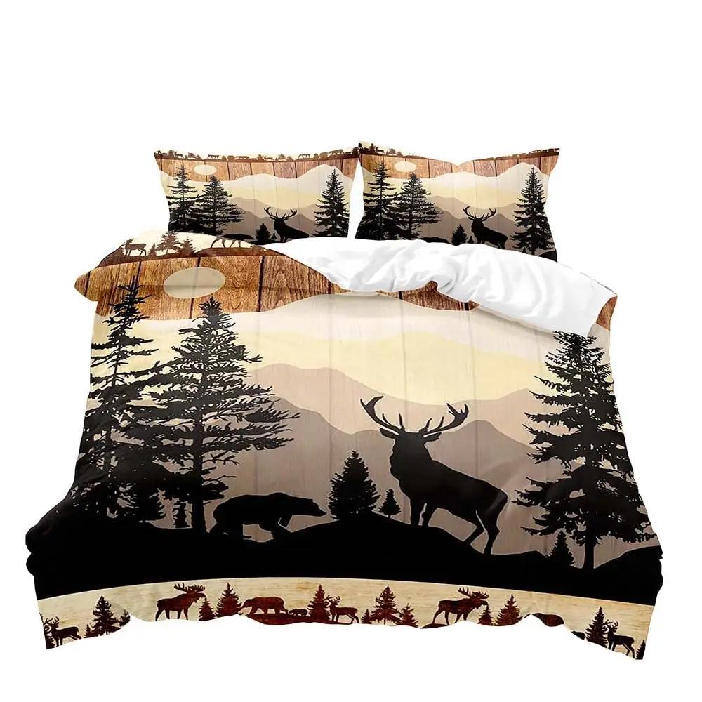Black Bear Deer Bedding Set Woodland Animals Elk Moose Wildlife Hunting Country Lodge Cabin Duvet Cover Set Queen Comfortable