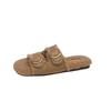 2025 autumn new open-toed double one-word with metal buckle Mao Mao shoes flat-soled fashionable versatile soft-soled women's slippers women