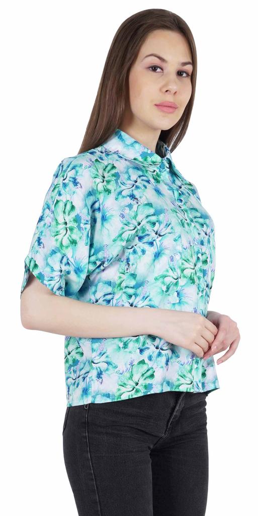 Moomaya Damen Bedrucktes Oberteil Kragenhals Knopfleiste Kurzarm Tunika