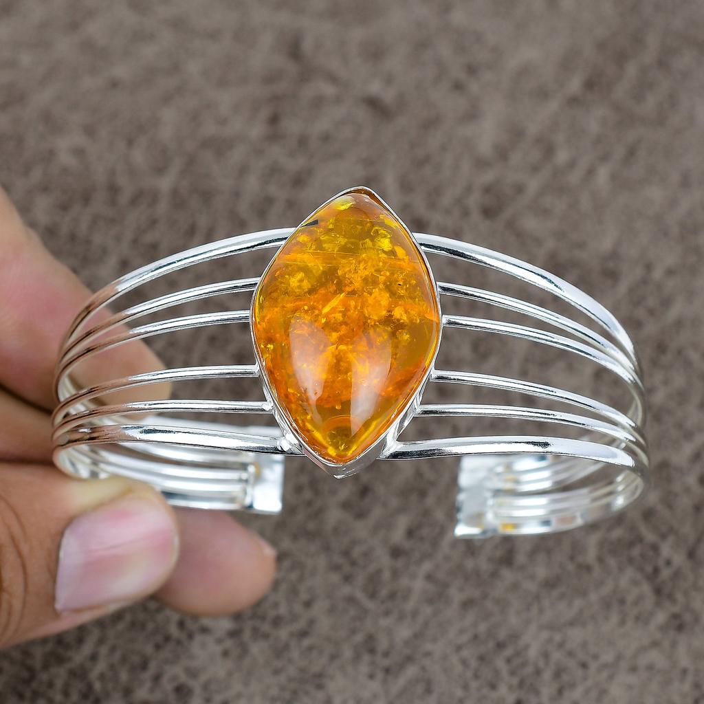 Baltic Amber Gemstone Handmade 925 Sterling Silver Cuff Bangle Adjustable KKG-217