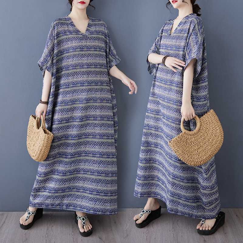Summer Color Vacation Style Tourism V-neck Retro Long Skirt Cotton Linen Dress