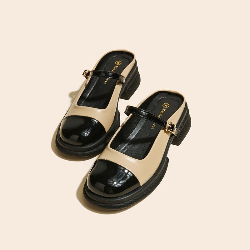 

Q1-1 color matching Mary Jane single shoes women s British style light mouth niche design empty bag head drag thick heel slippers 40 хаки