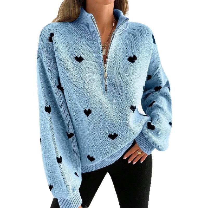 Damen Lockerer Halb-Reißverschluss Gestrickter Langarm Pullover mit Herzmuster Freizeit