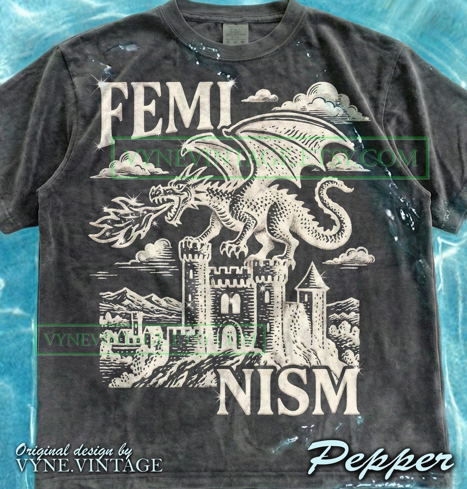 Feminism Dragon Comfort Colors® Tshirt, Castle Fire Tees, Fantasy Art Sweater, Retro Vintage Tanktop, Gothic Engraving Style Graphic 3XL