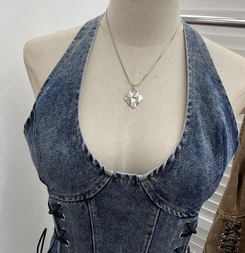 Denim Halter Crop Top: Punk Lace-up Sleeveless Slim Fit