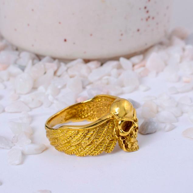 Winged Skull Gold Plated Statement Ring | Biker Gothic Brass Jewelry for Men & Women | Punk Rock Gift