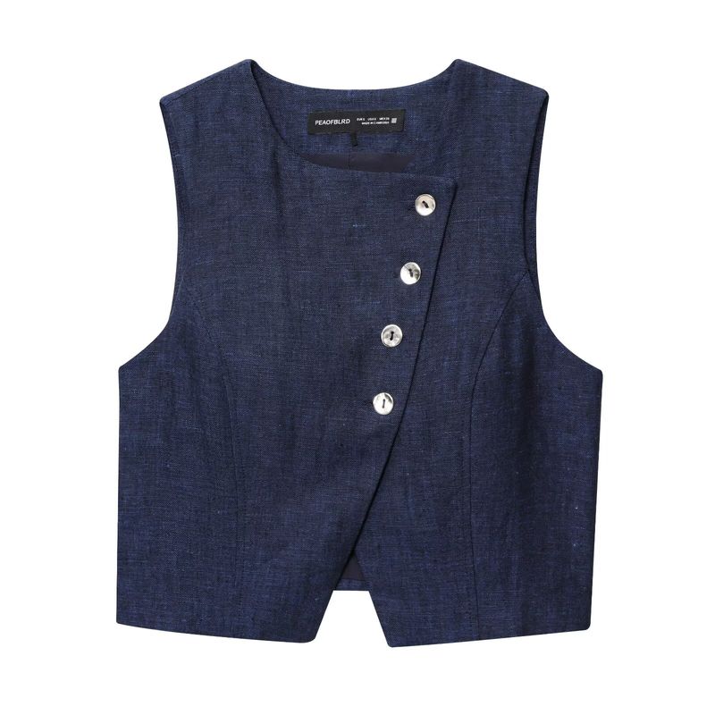 

Kaslead New Women clothes Western Style Fashion Simple Double Placket Vest Trousers 8129979 8131979 Blue Tops L