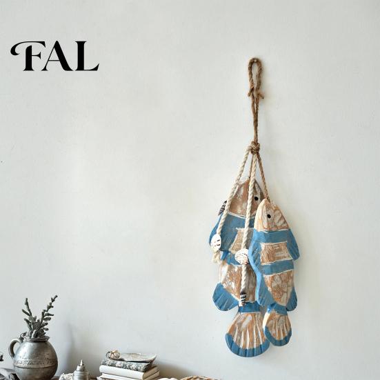 Creative Beach House Decor Rustic Nautical Wooden Fish Decor, Coastal Style Wall Hanging Marine Nursery Ornament with Fishing Net for Lake House,