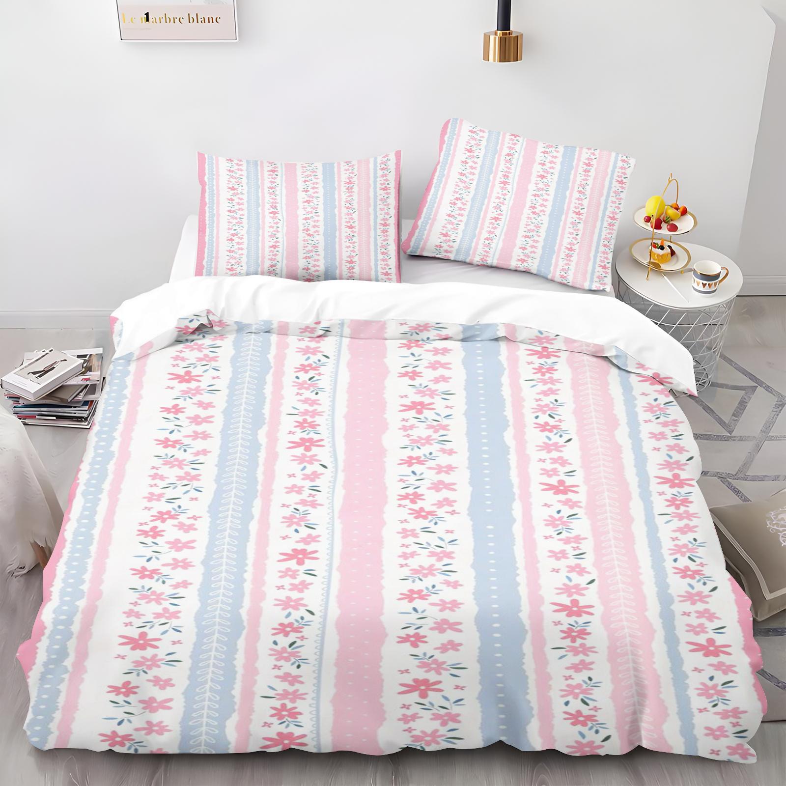 

Duvet Cover Striped Floral Pillowcase Bedding Set Kawaii Adult Girl Bedroom Decoration Children Single Double Large Size 135x200cm