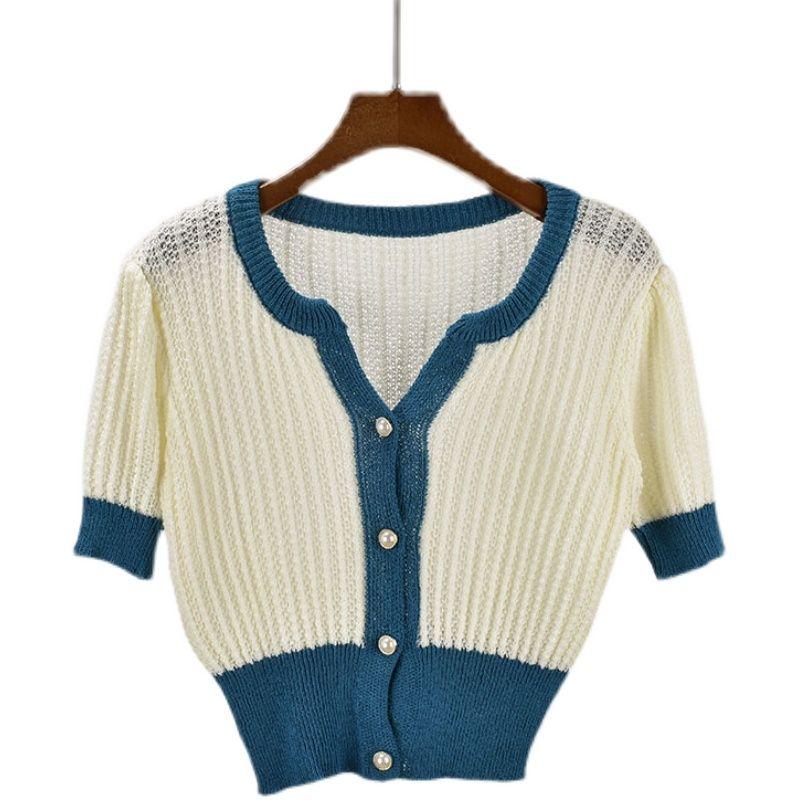 V Neck Summer Breasted Short Sleeve Contrast Color Slim Fit Stretch Puff Sleeves Women's Clothing Cardigan Jacket