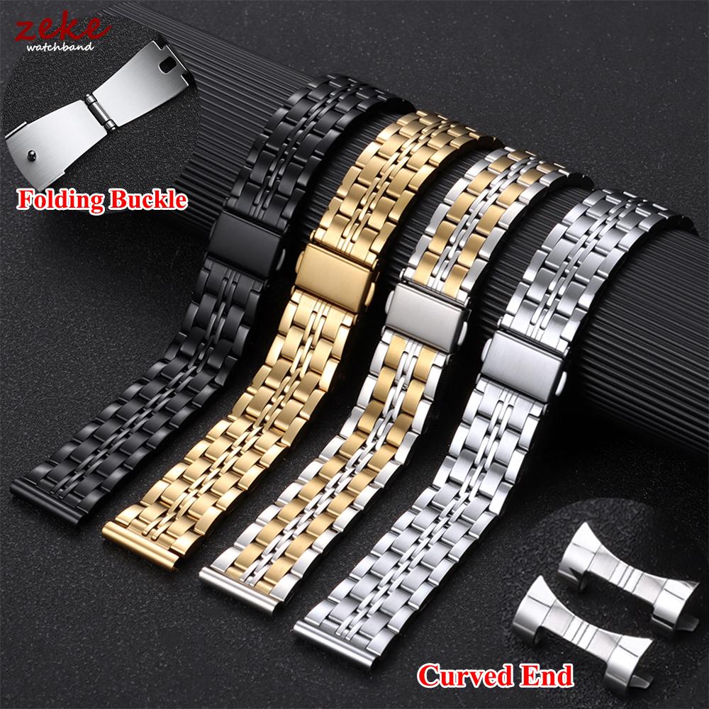 18/20/22/24mm Stainless Steel Watch Band Curved / Flat End Metal Bracelet Silver Gold Black Folding Buckle Universal Watch Strap