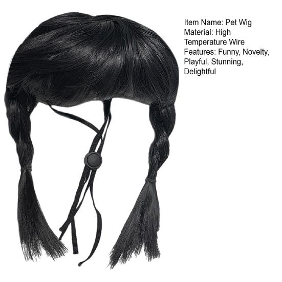Funny Black Double Ponytail Pet Wig with Adjustable Strap Novelty Dog Cat Cosplay Accessory for Halloween Christmas Parties Festivals