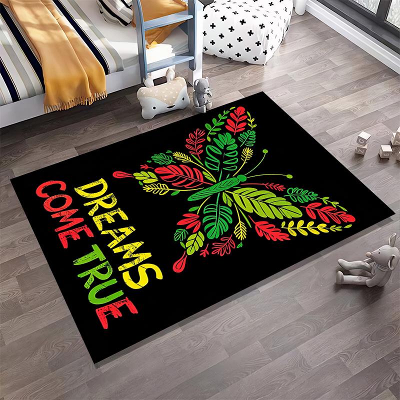 Colorful Butterfly Carpet with "Dreams Come True" Text on Black Suitable for use as an anti-slip for living room bedroom sofas