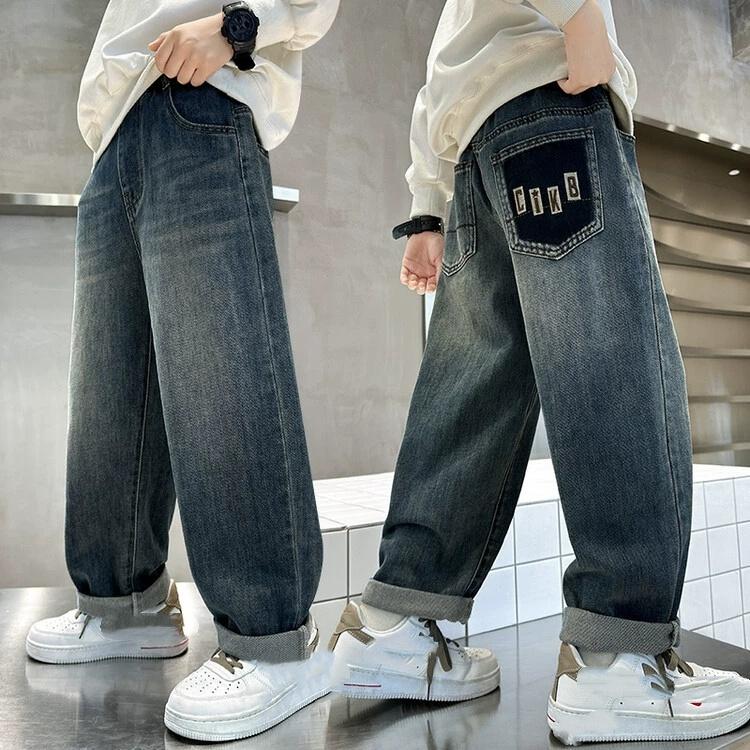 Boys Warm Plush Jeans Autumn Winter Straight Loose Fit Casual Trousers Kids Fashion Streetwear Denim Pants 5-14 Years