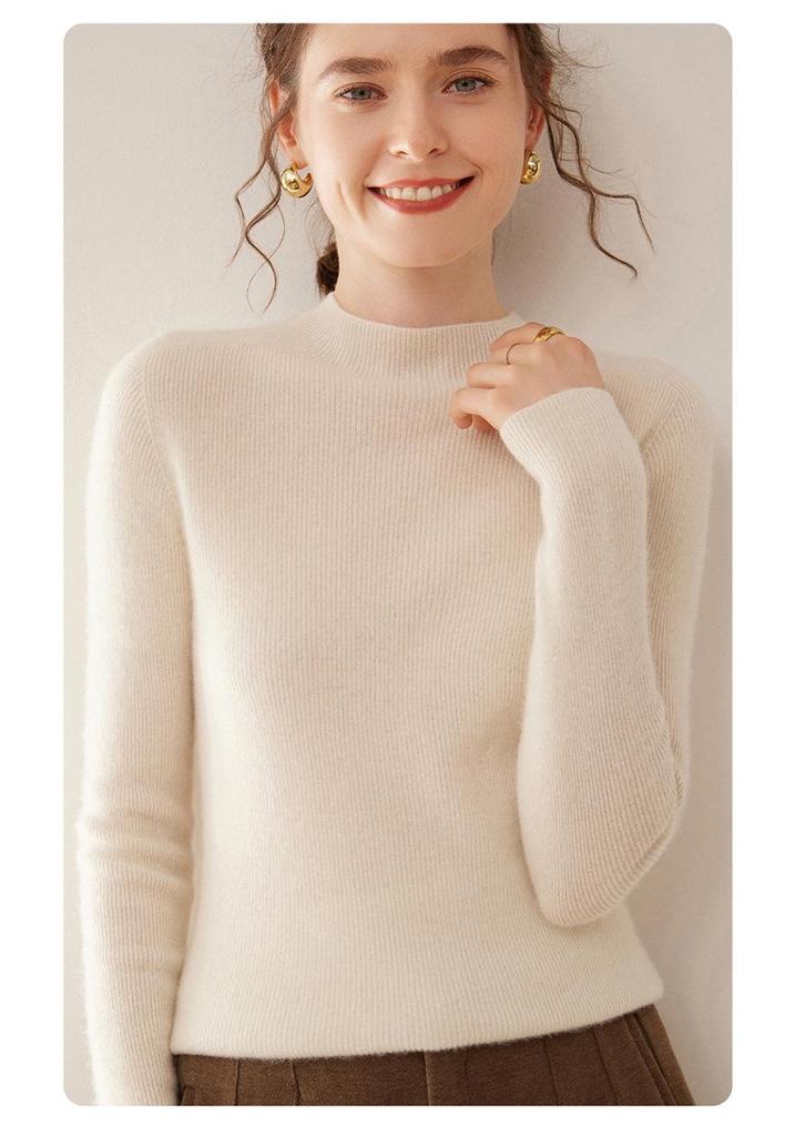 Women's Cashmere Striped Pullover - Slim-Fit Half-High Neck Knitwear for Autumn & Winter