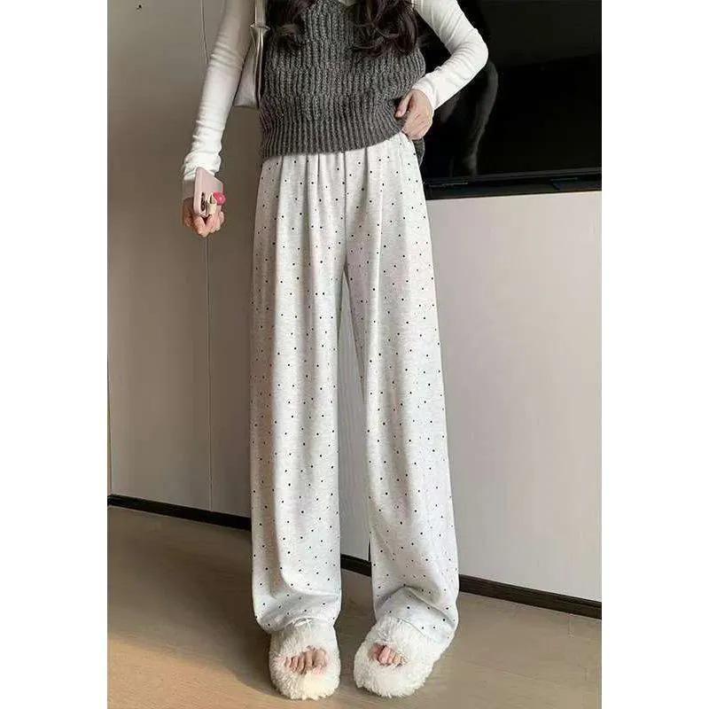 Plus Size Polka Dot High Waist Wide Leg Pants for Women M светло-серый