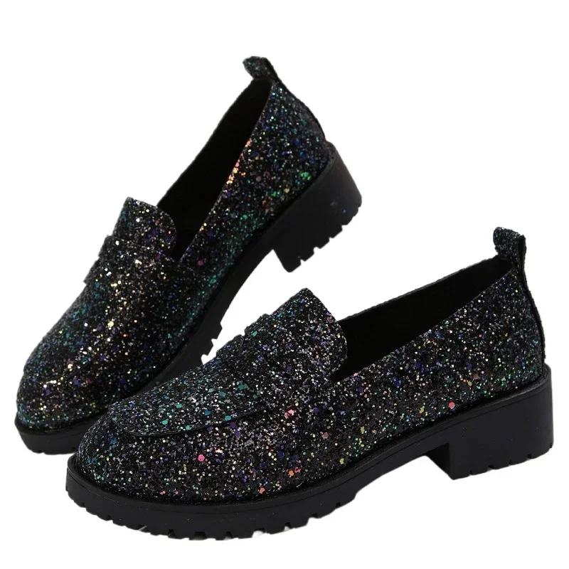 Fashion Elegant Woman Shoes with Medium Heels 2025 New Brand Slip on Women's Fashion Sequins Office and Career Plus Size Platform Pumps