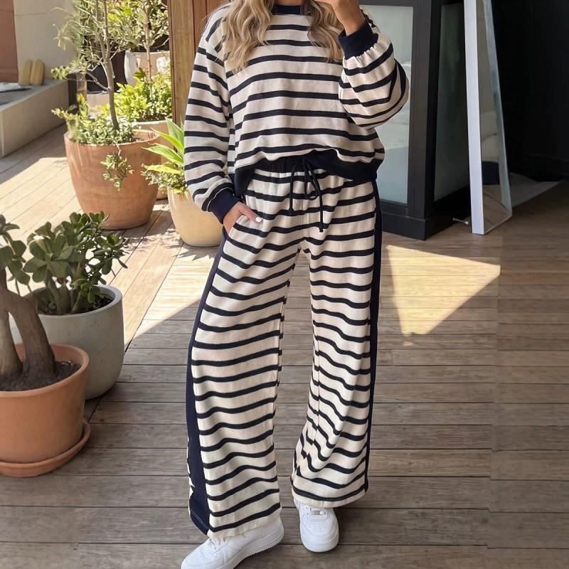 Womens Loose Striped Casual Two-Piece Set Long Sleeve Hoodie Pants Comfortable Korean Style Fall Winter Outfit