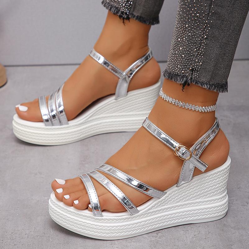 Fashion Women's Fashion Silver Platform Sandals Ankle Strap Wedge High Heel Sandals Woman Summer Thick Bottom Beach Sandalias Mujer 2025