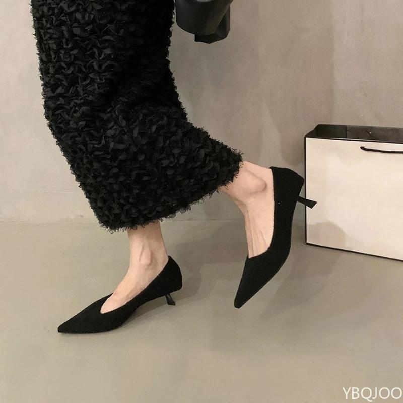 Fashion French black high heels Sharp pointed Women's single shoes New commuting fur shoes Outdoor comfortable ladies pumps 2025 Zapatos