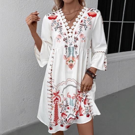 Women's Boho Floral Mini Dress Fall Long Sleeve V Neck Flowy Wedding Guest Dress Casual Beach Vacation Outfits