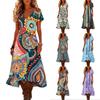 Fashionable Women's Summer V-neck Short Sleeved Retro Floral Print Beach Dress