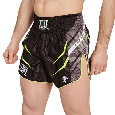 Leone 1947 Muay Thai Kickboxing Shorts, Unisex [LEVO FLUO] Satin Fabric with Wide Side Slits (Size XS), Black/Yellow, AB964F [Authentic]