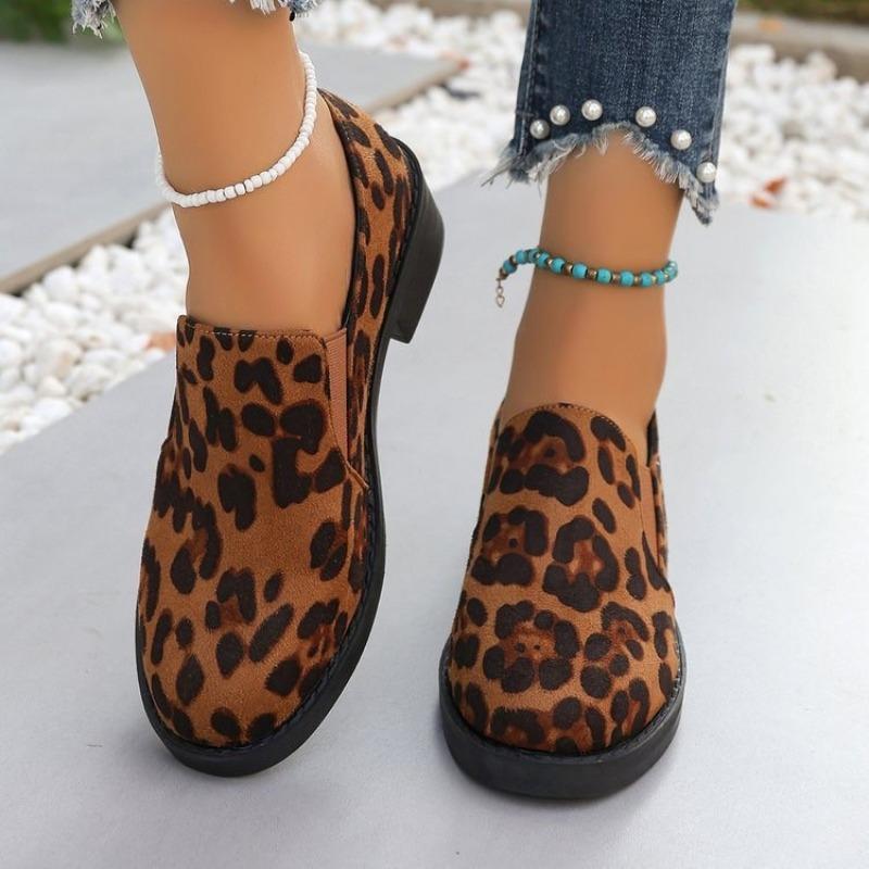 Autumn New Thick Heel Shoes Women's Round Head Deep Mouth Leopard Print Slip-on Comfortable High Heels