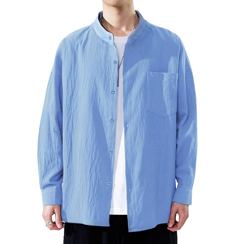 

[EASTEMPO] shirt men s spring long sleeve cotton linen casual business Relaxing Fashionable Plain color big size (JP, alphabet, L, blue)
