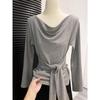 Women's French Swing Tie-Waist Long-Sleeve T-Shirt - Autumn 2026 New Arrival, High-End Slim-Fit Base Layer
